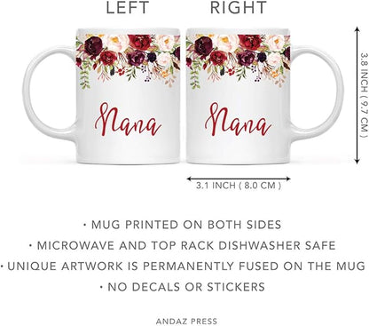 Andaz Press 11oz. Mother's Day Ceramic Coffee Tea Mug Gift, Fall Autumn Marsala Burgundy Flowers Roses Florals, Nana, 1-Pack, Includes Gift Box, Birthday Christmas Gift Ideas