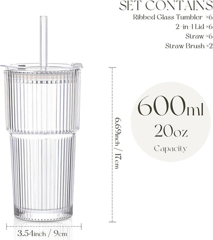 KEMORELA 6-Pack Ribbed Glass Tumblers with Lids & Straws – Vintage Style Iced Coffee Cups, Durable Smoothie & Cocktail Drinking Glasses, Reusable Clear Glassware for Home, Cafe, Office (6)