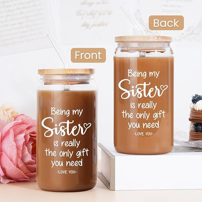 SANDJEST Sister Gift, Funny Sister Coffee Cup, 16 Oz Bamboo Lid & Straw - Gifts for Women, Birthday, Christmas