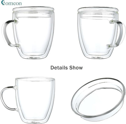 Insulated Espresso Cups - 16 oz Double Wall Glass Mugs With Handle and Lid - Cold & Heat Resistant - Perfect for Coffee, Tea, Milk, Wine