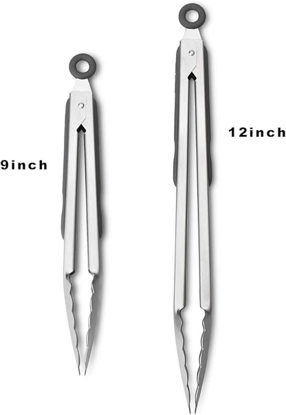 304 Stainless Steel Kitchen Cooking Tongs, 9" and 12" Set of 2 Sturdy Grilling Barbeque Brushed Locking Food Tongs with Ergonomic Grip, Grey