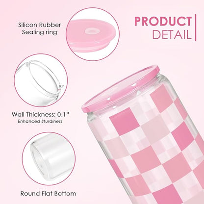 Checker 16 Oz Can Glass Tumbler with Acrylic Lid and Straw - Iced Coffee Cups for Women, Aesthetic Glass Cup Gift for Birthday Christmas