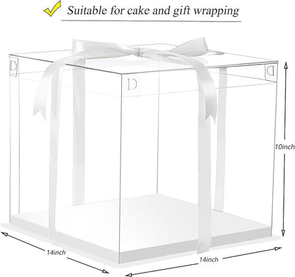 XININSUN 14x14x12inch clear cake box with ribbon,12inch14inch tall cake boxes for tiered cakes,layer cake carrier,disposable cake containers for wedding birthday party and gift display-White