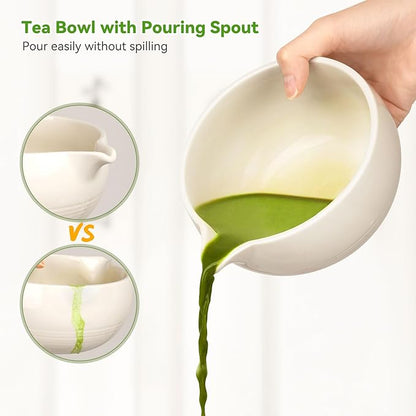 Matcha Tea Kit 10-Pcs Set, Whisk and Bowl with Spout & Measuring Spoon, Japanese Tea Making Tools, White