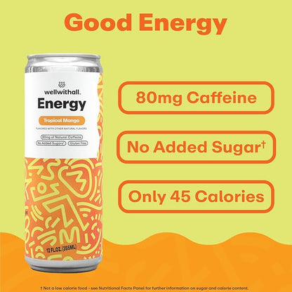 WellWithAll Tropical Mango Energy Drink – Caffeine from Tea – With Vitamin C – Lightly Sparkling Beverage – Fruit & Veggie Juice Blend – 12 Oz (Pack of 12)