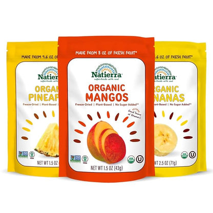 NATIERRA Organic Freeze-Dried Pineapple, Banana & Mango | USDA Organic, Non-GMO & Vegan | Variety Pack (of 3)