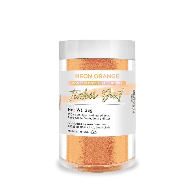 BAKELL Neon Orange Edible Glitter, 25 Grams | TINKER DUST Edible Glitter | KOSHER Certified | 100% Edible Glitter | Cakes, Cupcakes, Cake Pops, Drinks, Dessert Vegan Glitter & Dusts (25g, Neon Orange)