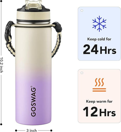 GOSWAG Insulated Sports Water Bottle, 24oz 2 Lids(with Straw/No Straw), Stainless Steel Water Bottles with Paracord Handle, Insulated Bottle with Double-Wall Vacuum Insulation