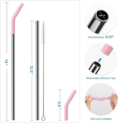 Metal Straw with Silicone Tip for 40oz Stanley Cup, 2 Pcs Stainless Steel Straws Replacement for Stanley 40 oz Adventure Quencher Travel Tumbler Cup, 1 Straw Brush (Mallow Purple)