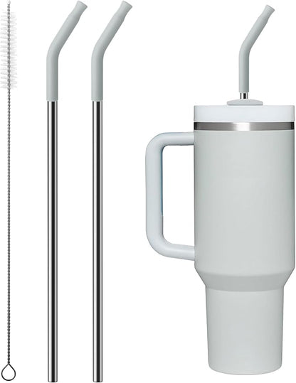 Metal Straw with Silicone Tip for 30oz Stanley Cup, 2 Pcs Stainless Steel Straws Replacement for Stanley 30 oz Adventure Quencher Travel Tumbler Cup, 1 Straw Brush (Light Gray)