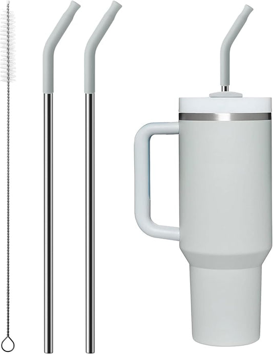 Metal Straw with Silicone Tip for 30oz Stanley Cup, 2 Pcs Stainless Steel Straws Replacement for Stanley 30 oz Adventure Quencher Travel Tumbler Cup, 1 Straw Brush (Light Gray)