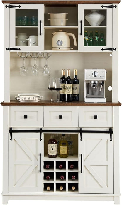 AMERLIFE 72" Coffee Wine Bar Cabinet with Sliding Barn Door, Farmhouse Kitchen Sideboard, Buffet Storage Table, 3 Drawers, LED Lights, Tall Hutch Home Bar for Dining Room, White