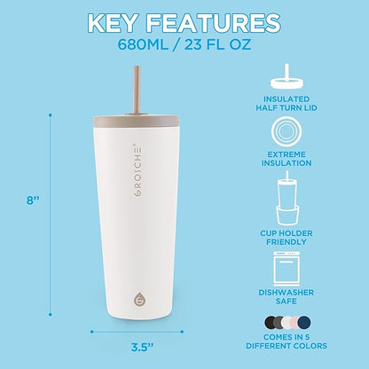 GROSCHE Jasper Insulated Stainless Steel Tumbler With Straw – Travel Cup with Lid, Extreme Insulation & Sleek Design, 23 oz - White
