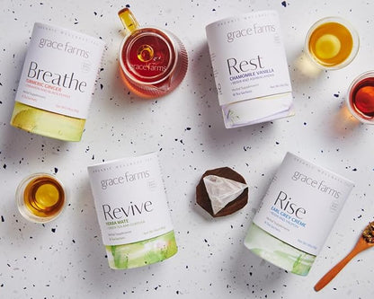 Grace Farms REVIVE Wellness Organic Tea Blend (16 Pyramid Sachets) | Yerba Mate, Green Tea, & Adaptogens | Natural Energy Coffee Replacement | Fairtrade & Kosher | Gives Back 100% of Profits