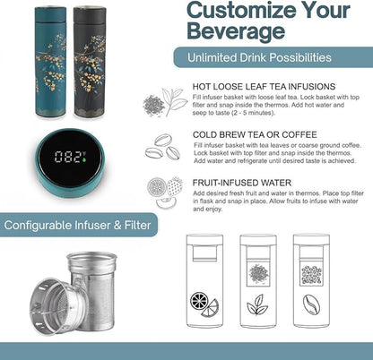 Farasi Tea Infuser for Loose Leaf Tea Smart Water Bottle with Fahrenheit Temperature Display, Stainless Steel Insulated Coffee and Fruit Tea Infuser Bottle - Green Floral Travel Tea Mug 15 oz