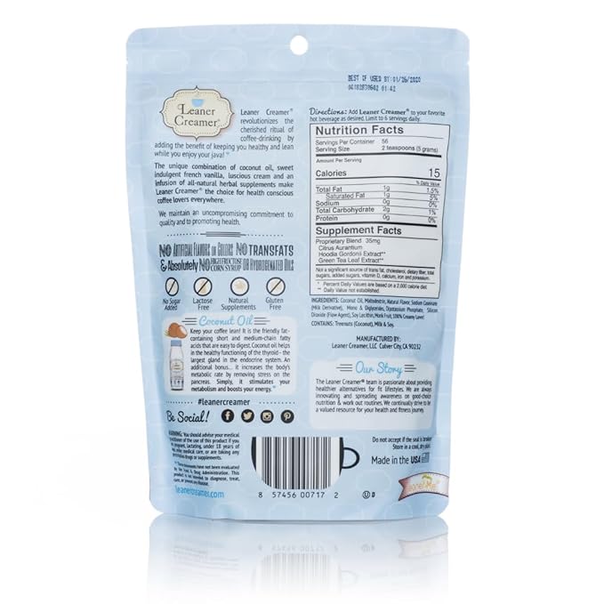 Leaner Creamer Coconut Creamer with Superfood Ingredients – Non-Dairy, Sugar-Free, Keto, Gluten-Free Powdered Coffee Creamer – French Vanilla – 280g