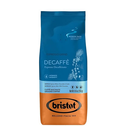 Bristot Decaf Ground Espresso – Medium Roast Italian Coffee – Smooth & Bold Flavor – 8.8 oz (250g)