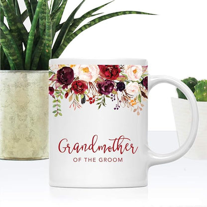 Andaz Press 11oz. Wedding Ceramic Coffee Tea Mug Gift, Fall Autumn Marsala Burgundy Flowers Roses Florals, Grandmother of the Groom, 1-Pack, Includes Gift Box