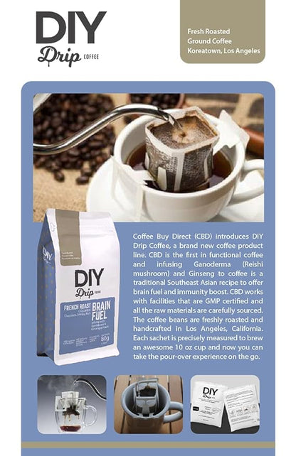 DIY Drip Coffee Brain Fuel, French Roast Colombia, Single Serve - 5 PACKS x 4, 200gram, $1.50 per serving. BUY 2 QTY OR MORE GET $5 REBATE. NO ACTION REQUIRED