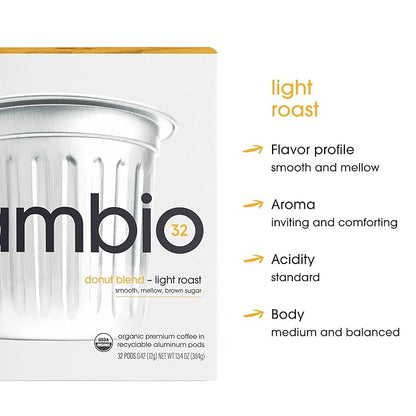 Cambio Roaster Donut Blend Keurig Coffee K Cups, Organic Light Roast Coffee Pods, Only Aluminum K Cup for More Flavor & Longer Lasting Freshness, Caffeinated Lower Acid Kcups for Keurig, 60 count