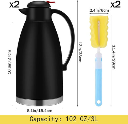 Nuogo 2 Pcs 102 oz Thermal Coffee Carafe Insulated Stainless Steel Carafe Double Walled Vacuum Coffee Thermal Pot with Brush for Home Office Use Keep 24 Hours Hot Water Tea(Black)