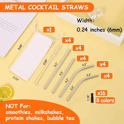 Lazycorner 16 Pcs Short Metal Straw, 6mm 5.5" 6.5" Kids Reusable Straw Silicone Tips Cleaner, Mini Small Stainless Steel Straws Fit 8 10 12 oz Tumbler/Wine Tumblers, Reusable Cocktail Straws(Silver)