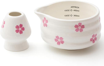 2pcs Matcha Bowl with Whisk Holder, Ceramic Cherry Blossom Matcha Bowl with Spout, 16.5OZ Porcelain Bowl with Measurement Marks,Tea Mixing Bowl with Whisk Stand, Matcha Gift (sakura)