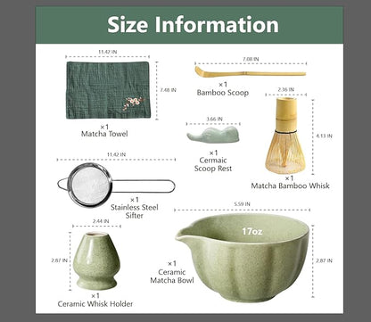 Matcha Kit, 7 Pcs Japanese Matcha Whisk Set Includes Matcha Bowl with Spout, Bamboo Whisk, Chasen Holder, Stainless Sifter, Scoop and Rest, Tea Towel, Matcha Tea Set Gift for Family/Friend