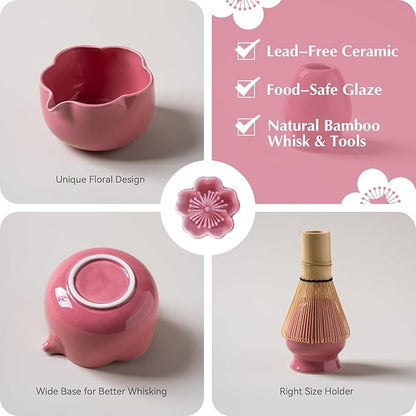 Matcha Set, 8Pcs Floral Ceramic Matcha Set with Matcha Whisk, Holder, Scoop, Scoop Rest, Sifter, Spoon and Tea Towel - Thoughtful Matcha Whisk Set Gift for Matcha Lovers (Pink)