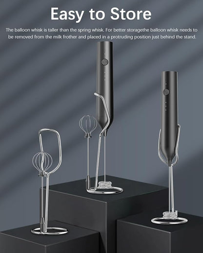Rechargeable Milk Frother with Stand, Electric Frother Wand Handheld Coffee Foam Maker Detachable Stainless Steel Whisk Drink Mixer Foamer for Latte, Cappuccino, Hot Chocolate, Egg (Black)