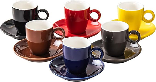 2.5oz Espresso Cups with Saucers Set, Colorful Coffee Cups Set, Ceramics Tea Cup with Handle, Coffee Mugs Set of 6, Assorted Colors