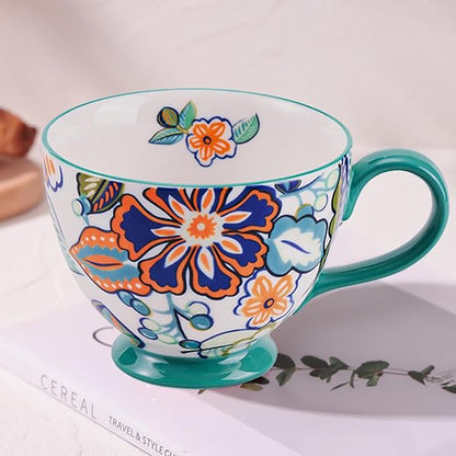 Vintage Flower Mugs – Large Ceramic Coffee Mug (15oz) – Cute Cereal Cup for Breakfast, Oatmeal Tea & Hot Drinks – Handmade Ceramic Cup with Floral Design