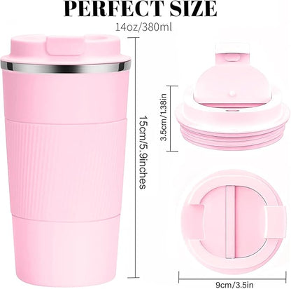 YINBAOGE Insulated Travel Coffee Mug Spill Proof Leak Proof Pobtable To Go Camping Stainless Steel Coffee Tumbler Reusable Coffee Cups with Lids Thermos for Hot and Cold Drink (Pink, 12 OZ)