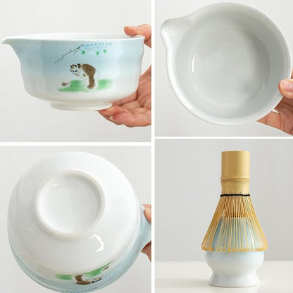 Matcha whisk and bowl set, ceramic matcha bowl with spout, matcha tea set for breakfast, matcha latte, perfect matcha set for ceremony 7 piece set (blue)