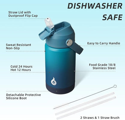 BJPKPK Insulated Water Bottle with Straw Lid, 12oz Thermos Water Bottles with Soft Nozzle, Flex Handle & Non-slip Boot, BPA Free Leak Proof Stainless Steel Metal Thermos, Tumblers, Cups,Vast