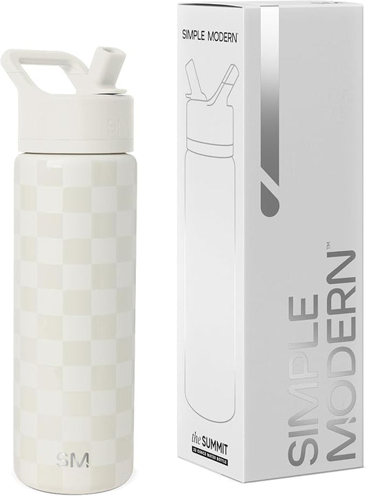 Simple Modern Water Bottle with Straw Lid | Vacuum Insulated Stainless Steel Metal | Reusable Leak Proof BPA-Free Cup for School | Summit Collection | 22oz, Cream Checkmate
