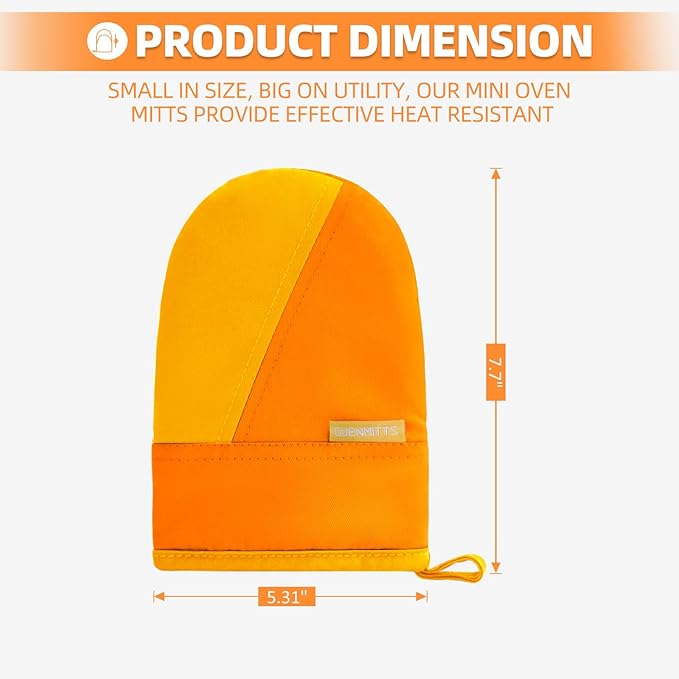 Mini Oven Mitts, Kitchen Oven Gloves Kitchen Mittens 500 Degrees Heat Resistant Baking Gloves, Non-Slip Silicone Surface with Hanging Loops Hot Gloves for Cooking, Baking, BBQ 1 Pair-Orange