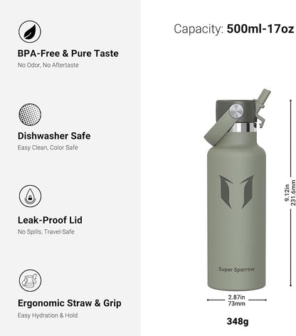 Super Sparrow Insulated Water Bottle - 17 Oz / 25 Oz / 32 Oz - Standard Mouth FlipFlow Flask - BPA Free, Leak Proof Drink Bottle- Ergonomic Straw Water Bottles for Work, Gym, Travel, Sports