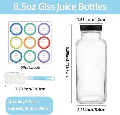 ZZT 9 Pack 8 oz Glass Juice Bottles, 250 ml Glass Reusable Water Bottles with Lids, Water Drinking Jars with Labels and Brush,Water Drinking Jars for Milk,Juicing,Beverage Glassware