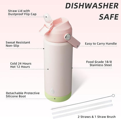 BJPKPK Insulated Water Bottle with Straw Lid, 18oz Thermos Water Bottles, Flex Handle & Non-slip Boot, BPA Free Leak Proof Stainless Steel Metal Thermos, Tumblers, Cups,Pearl Pink