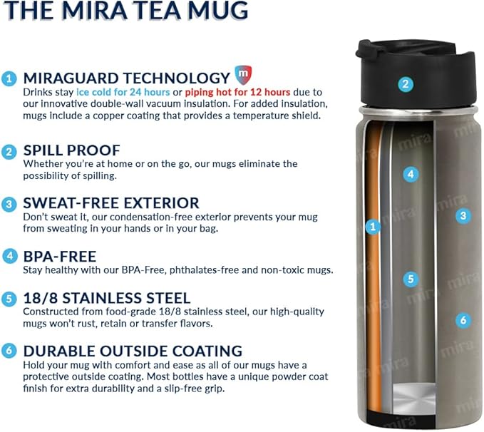 MIRA 18 oz Tea Infuser Thermos - Stainless Steel Travel Bottle with Removable Strainer for Loose Leaf Tea - Insulated Hot & Cold Brew Steeper - Heather
