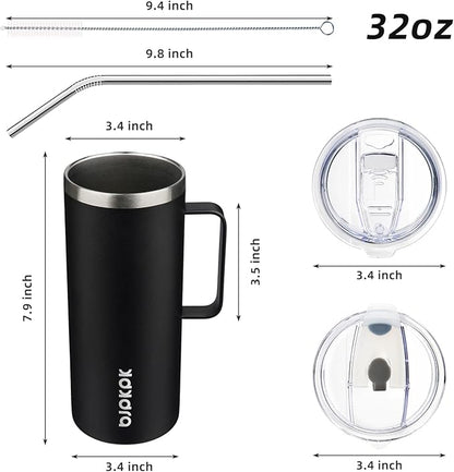 BJPKPK Insulated Coffee Mug with 2 Lids, 32oz Stainless Steel Insulated Tumbler with Handle, Double Wall Vacuum Coffee Cups, BPA Free Travel Mug for Coffee, Tea and Drinks, Black