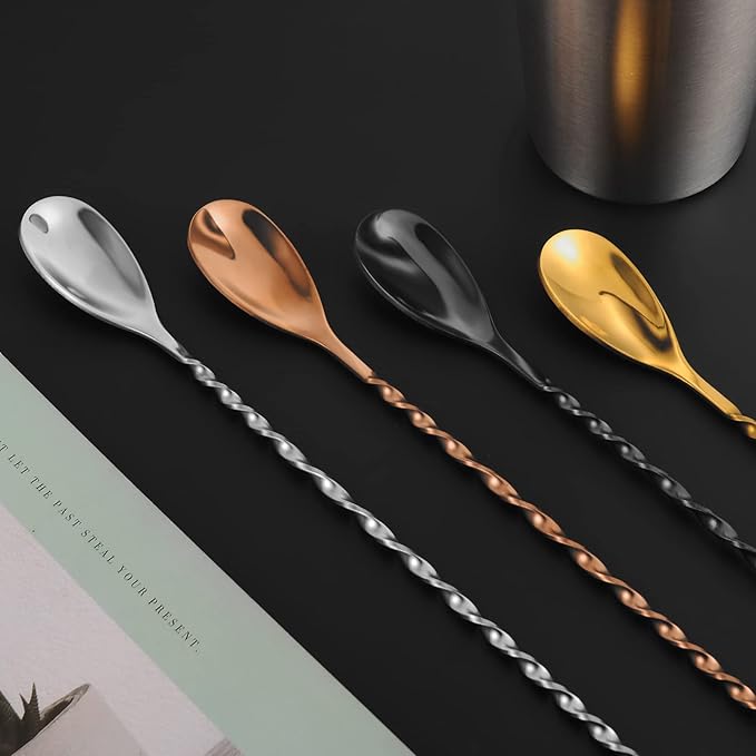 AnSaw Silver 10-Inch Stainless Steel Cocktail Spoon with Leaf Handle - Perfect for Mixing & Layering Drinks in Tall Cups, Bar & Shakers - Durable Long Handle Bar Stirrer,2-Pieces