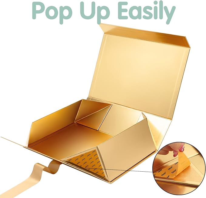 HAPPY POTATO 5 Large Gift Boxes with Ribbon 13.5x9x4.1 Inches, Gold Boxes with Lids, Bridesmaid Proposal Boxes, Magnetic Gift Boxes for presents (Glossy Gold, Pack of 5)