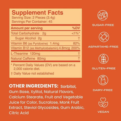 Neuro Energy & Focus Gum - 40mg Natural Caffeine Gum & Nootropic Energy Supplement with L-Theanine & B Vitamins - Sugar Free, Vegan - Cinnamon, 90ct