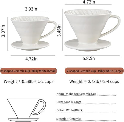 Pour Over Coffee Maker, Single Cup Coffee Dripper, Manual Porcelain Slow Brewing Accessories for Travel, Camping, Office, Home, Cafe, Coffee Gifts (White, Small,1-2Cups)