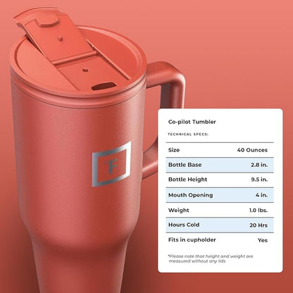 IRON °FLASK Co-Pilot Insulated Mug w/Straw & Flip Cap Lids - Cup Holder Bottle for Hot, Cold Drink - Leak-Proof- Water, Coffee Portable Travel Tumbler - Rusty Red, 40 Oz
