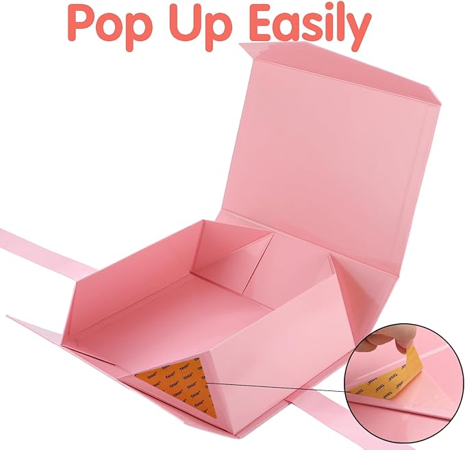 HAPPY POTATO Large Gift Box with Lid and Ribbon 11.5x8.1x3.8 Inches, Bridesmaid Proposal Box, Magnetic Pink Gift Box for Presents (Glossy Pink)