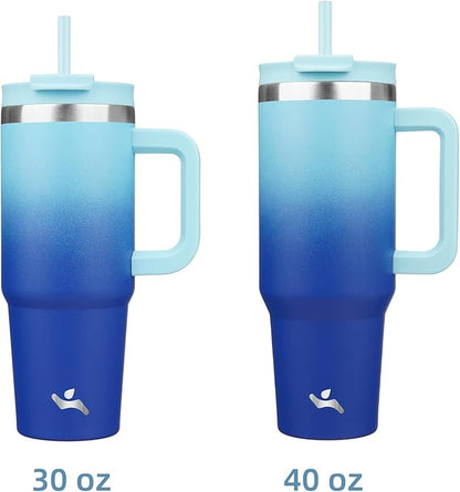 40 oz Tumbler with Handle and 2 Straws,2 in 1 Lid Insulated Water Bottle Stainless Steel Travel Coffee Mug,Sky