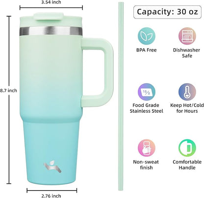 30 oz Tumbler with Handle and 2 Straws,2 in 1 Lid Insulated Water Bottle Stainless Steel Travel Coffee Mug,Mint